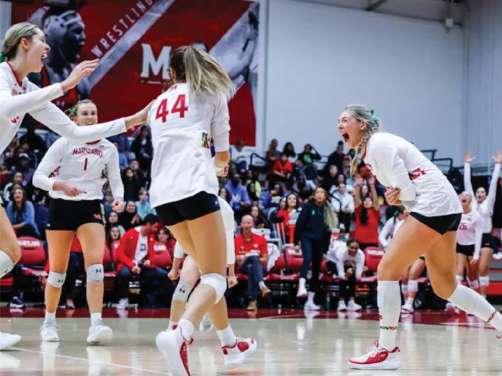Members of UMD's volleyball team cheer on the court in front of a large group of spectators.