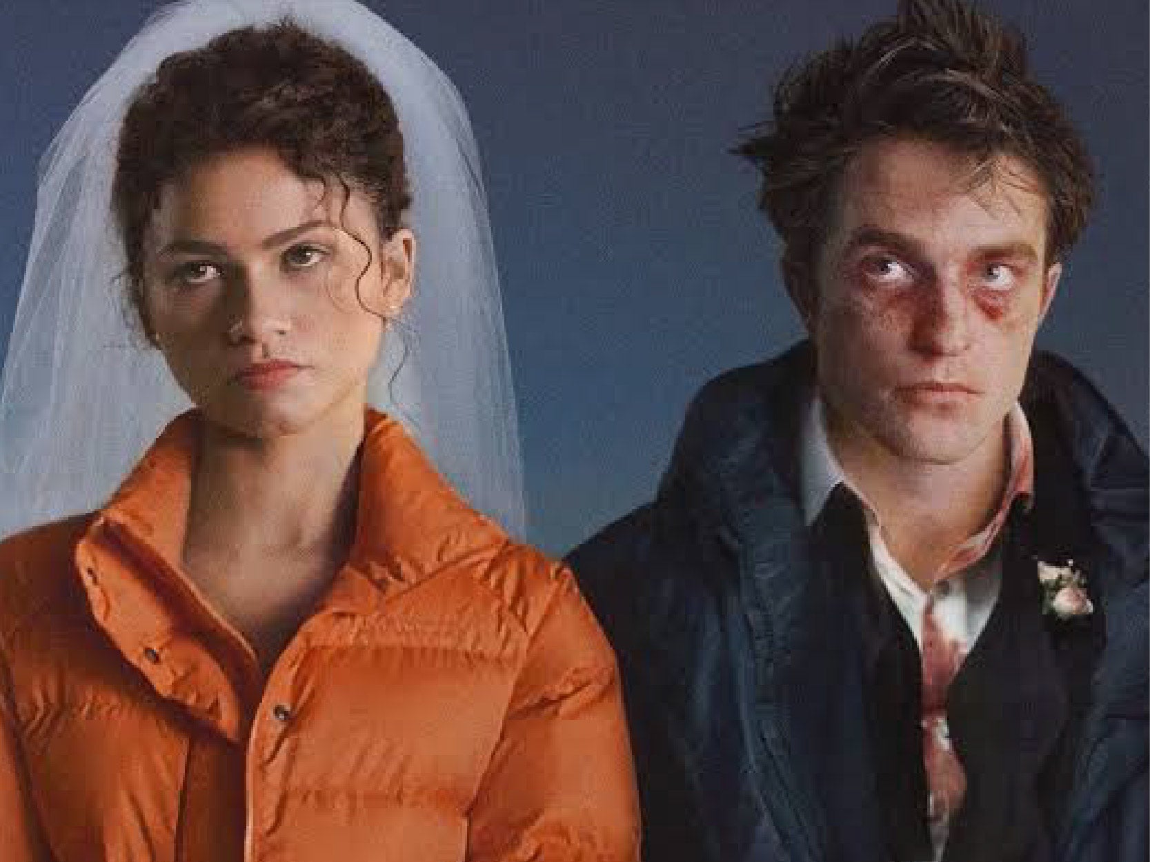 Zendaya wearing a wedding veil and Robert Pattinson looking exhausted in a promotional image from The Drama.