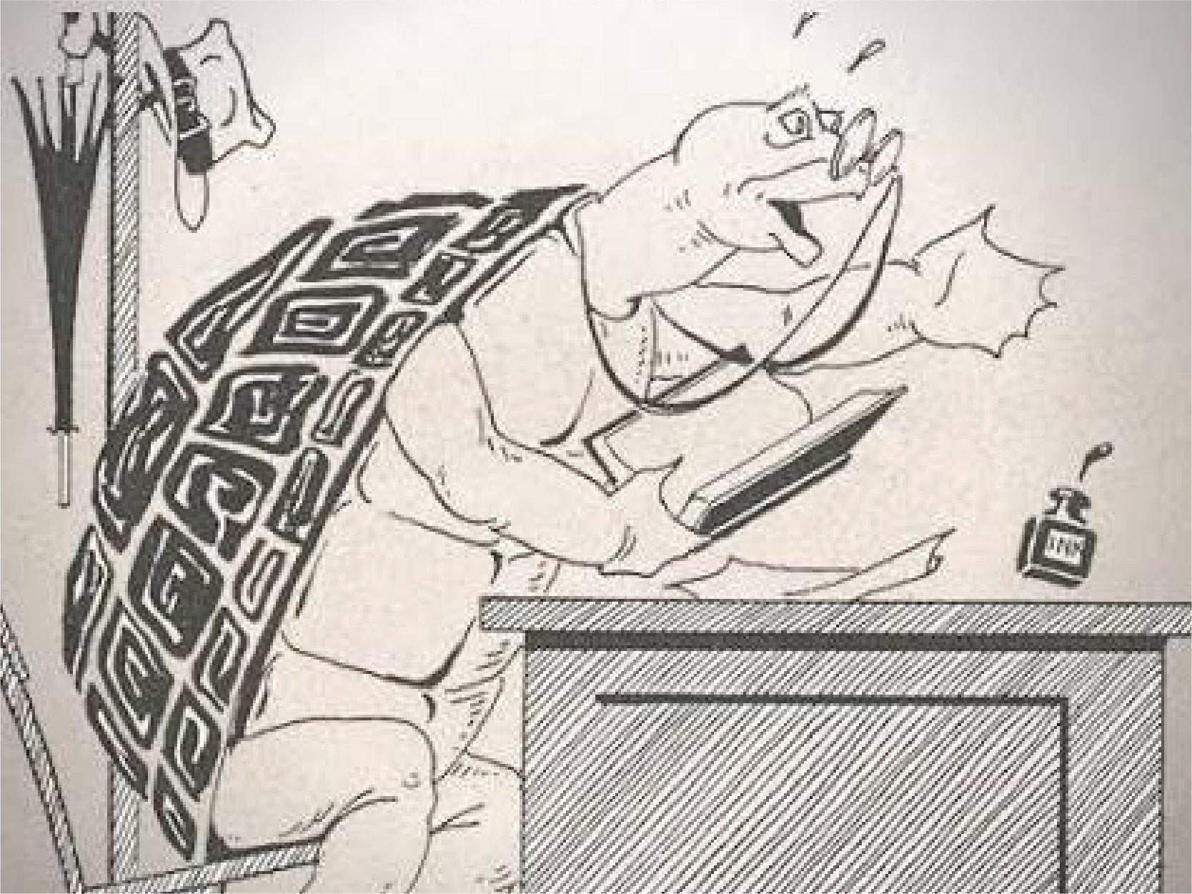 A photo of a turtle sitting at a desk wearing glasses holding a book. He look surprised