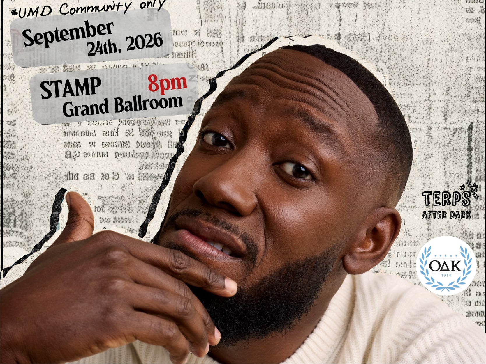 A promotional image featuring a headshot of Lamorne Morris with the event details for his lecture.