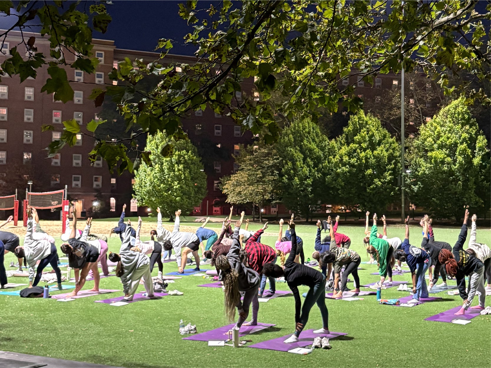 A photo of students participating in a sunset yoga class.