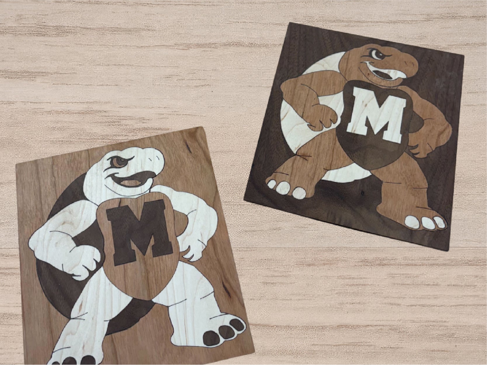 A photo of two testudo marquetry projects.