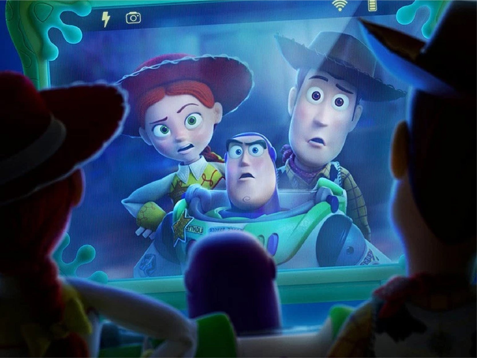 A promotional graphic for Toy Story 5 featuring Buzz, Jesse and Woody.